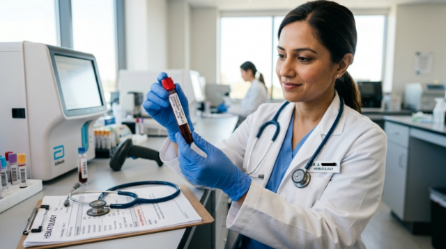 Clinical Decision Limits for Iron Deficiency Diagnosis Under ASH 2026 Laboratory professional analyzing a blood sample for serum ferritin testing under ASH 2026 Clinical Decision Limit recommendations for iron deficiency diagnosis